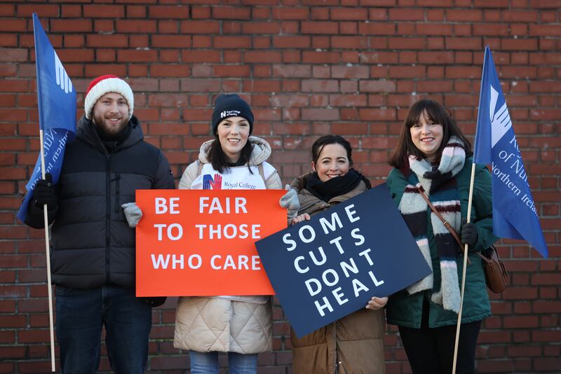 RCN members outside the Royal Victoria Hospital in Belfast. Photograph: Liam McBurney/PA