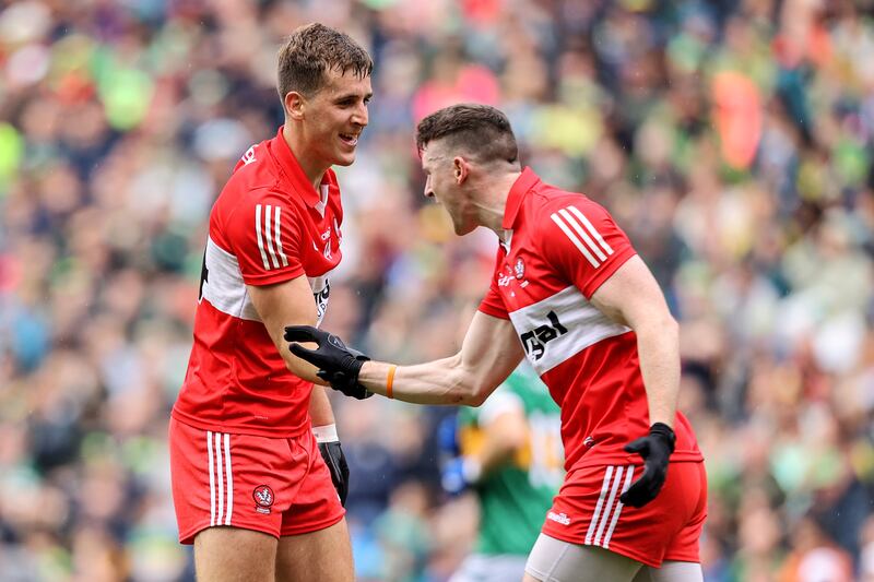 Derry free: Shane McGuigan rejoices after sending a free over the bar. Photograph: Ben Brady/Inpho