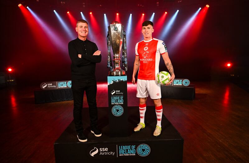 St Patrick's Athletic manager Stephen Kenny and Joe Redmond at the launch of the 2025 SSE Airtricity Men’s Premier Division at the Mansion House, Dublin. Photograph: Stephen McCarthy/Sportsfile 