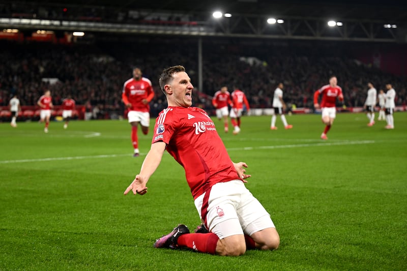 Chris Wood of Nottingham Forest celebrates scoring goal. Photograph: Michael Regan/Getty