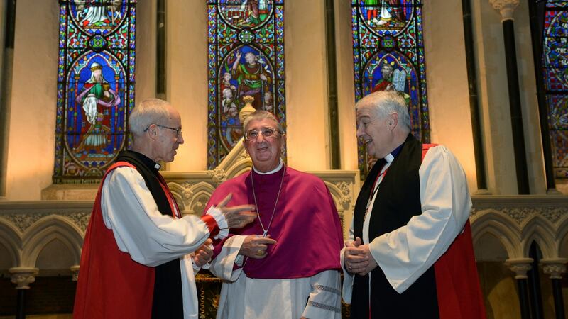 Archbishop of Canterbury Justin Welby (left), Archbishop of Dublin and Primate of Ireland Diarmuid Martin and  Rev Michael Jackson, Church of Ireland Archbishop of Dublin, at the official launch of the Church of Ireland’s National Programme to mark the 150th anniversary of disestablishment of the Church of Ireland as a state church,  at St  Patrick’s Cathedral, Dublin. Photograph: Dara Mac Dónaill