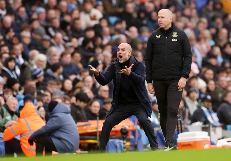 Pep Guardiola reacts during the EPL game between Manchester City and Everton. Photograph: Carl Recine/Getty Images