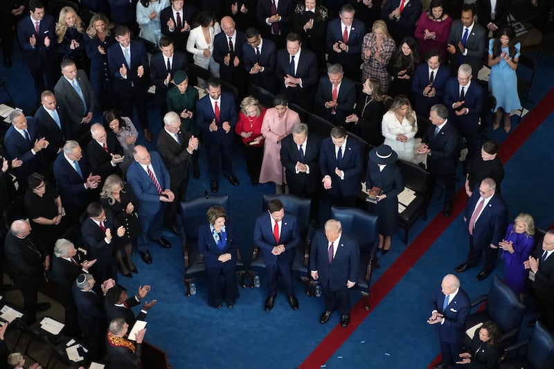 Senator Amy Klobuchar, JD Vance and Donald Trump attend the inauguration ceremonies in Washington DC on Monday. Photograph: Andrew Harnik/Getty Images