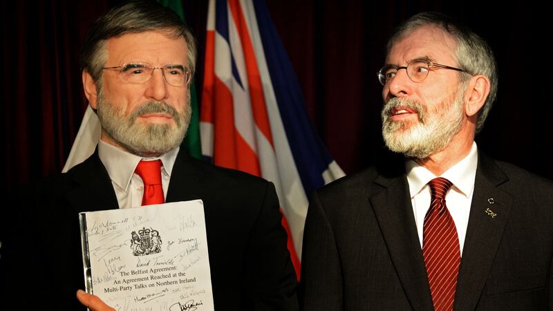 Sinn Féin’s Gerry Adams standing alongside the completed wax figure of himself, at the National wax Museum in Dublin. Photograph: Eric Luke / The Irish Times