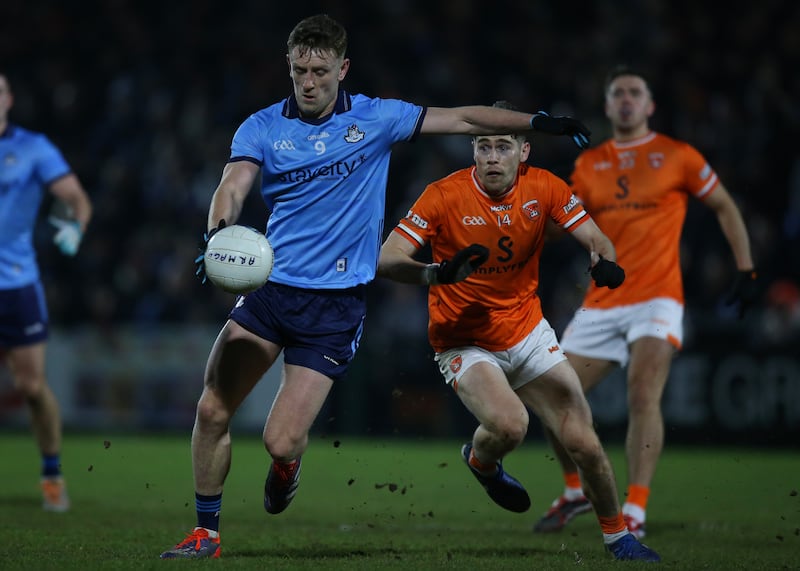 Armagh's Andrew Murnin tackles Dublin's Tom Lahiff. Photograph: Leah Scholes/Inpho