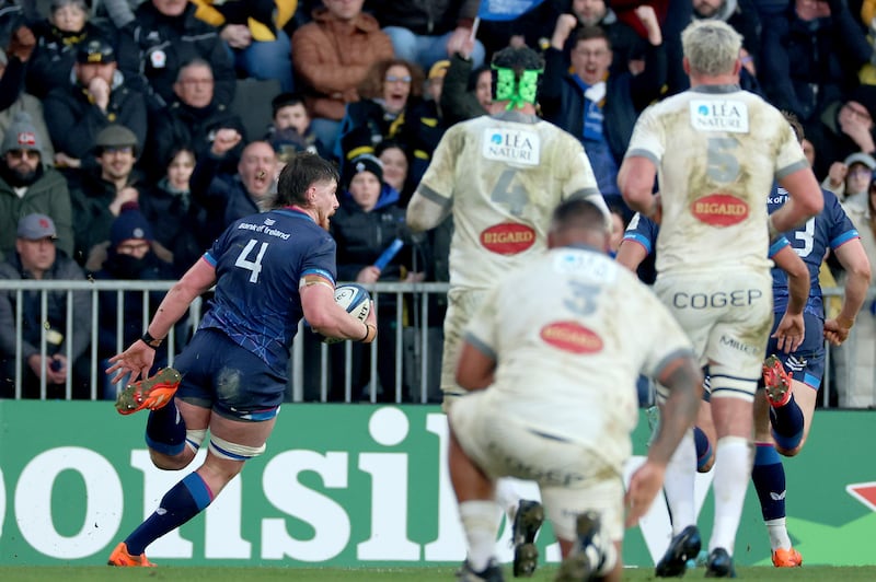 Leinster's Joe McCarthy runs in for a try at Stade Marcel Deflandre in La Rochelle. Photograph: James Crombie/ Inpho