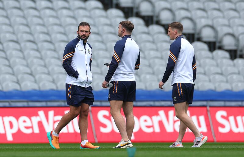 Roscommon’s Donie Smith warms up with teammates. Photograph: James Crombie/Inpho
