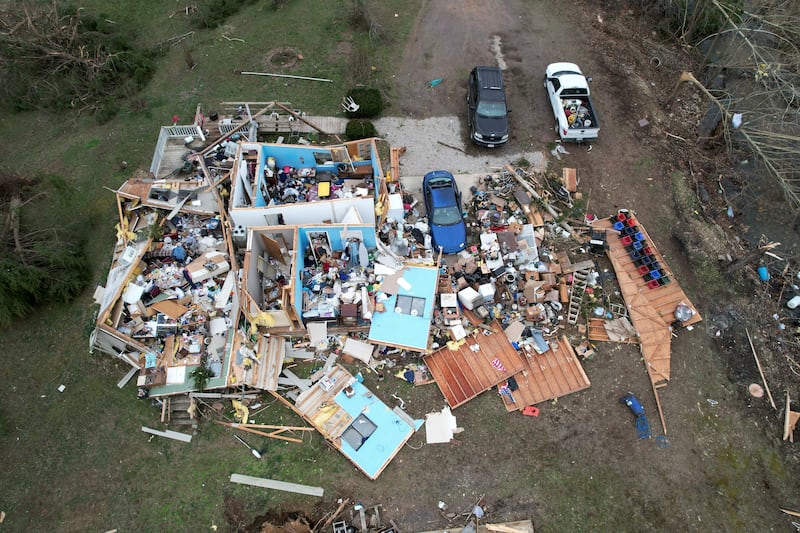 Destruction from a severe storm in Wayne County, Missouri. Photograph: Jeff Roberson/AP