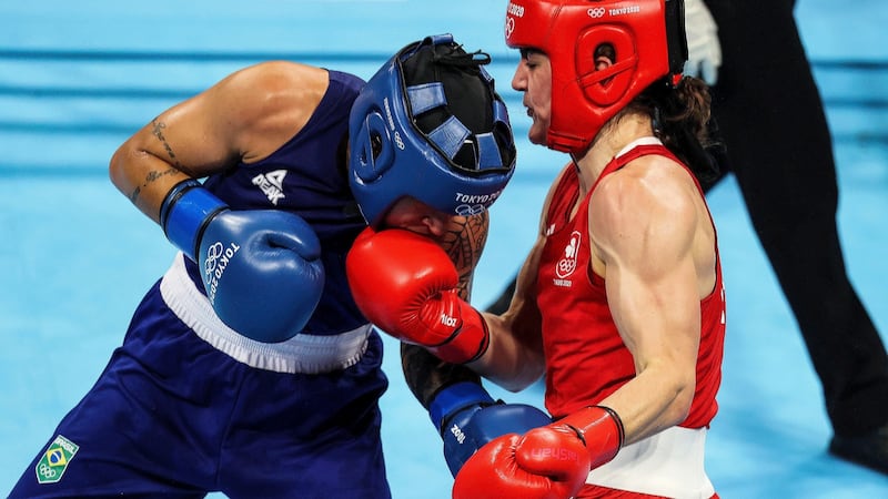 Kellie Harrington lands an uppercut in her lightweight gold medal bout against Brazil’s Beatriz  Ferreira at the Tokyo Olympics. Photograph: Bryan Keane/Inpho