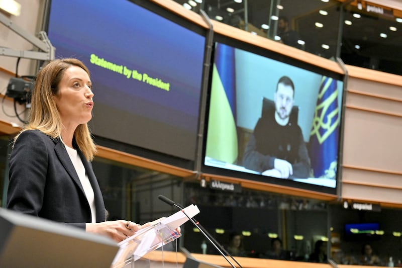 European Parliament president Roberta Metsola introduces Ukraine's president Volodymyr Zelenskiy prior to his address to MEPs by video link on Tuesday. Photograph: Nicolas Tucat/AFP via Getty Images