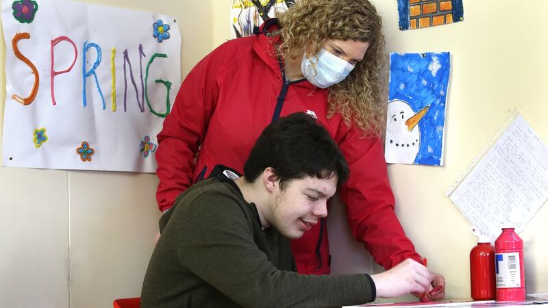 Teacher Paula Kelly with Luke Joyce (14). Photograph: Joe O’Shaughnessy/The Irish Times