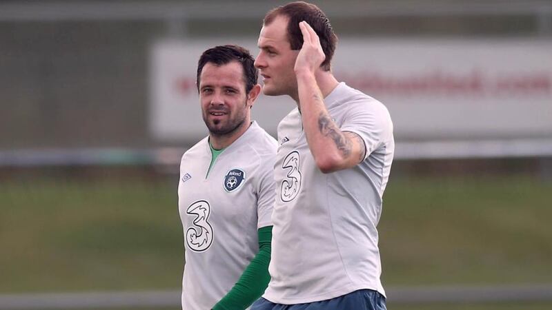 Andy Reid (left) and Anthony Stokes back in Ireland training in Malahide on Wednesday.  Photograph: Donall Farmer/Inpho