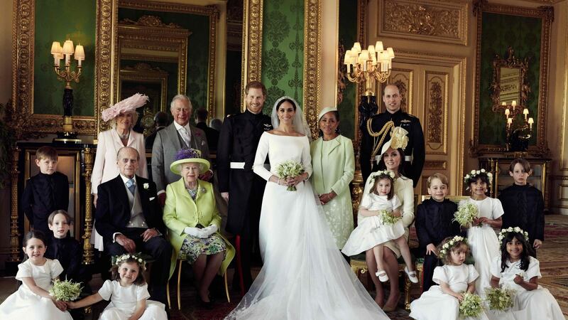 Back row, left to right: Jasper Dyer, the Duchess of Cornwall, the Prince of Wales, the Duke and Duchess of Sussex, Doria Ragland, the Duke of Cambridge. Middle row: Brian Mulroney, the Duke of Edinburgh, Queen Elizabeth II, the Duchess of Cambridge, Princess Charlotte, Prince George, Rylan Litt, John Mulroney. Front row: Ivy Mulroney, Florence van Cutsem, Zalie Warren, Remi Litt. Photograph: Alexi Lubomirski