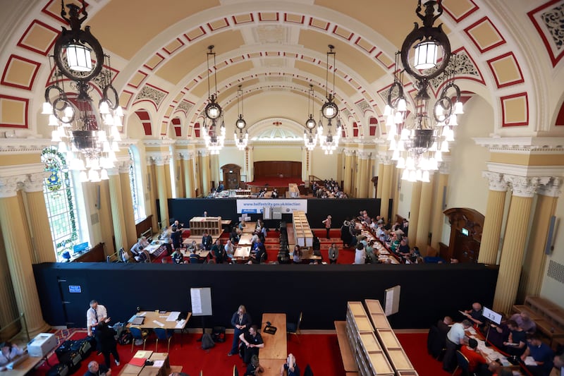 Ballots being tallied in the Great Hall of Belfast City Hall on Saturday. Photograph: Liam McBurney/PA Wire