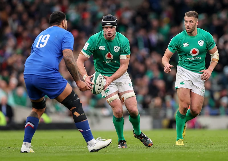 James Ryan in action against France during the recent Six Nations clash at the Aviva Stadium. He has assumed leadership roles throughout his career, ever since his JCT days at St Michael's College. Photograph: James Crombie/Inpho