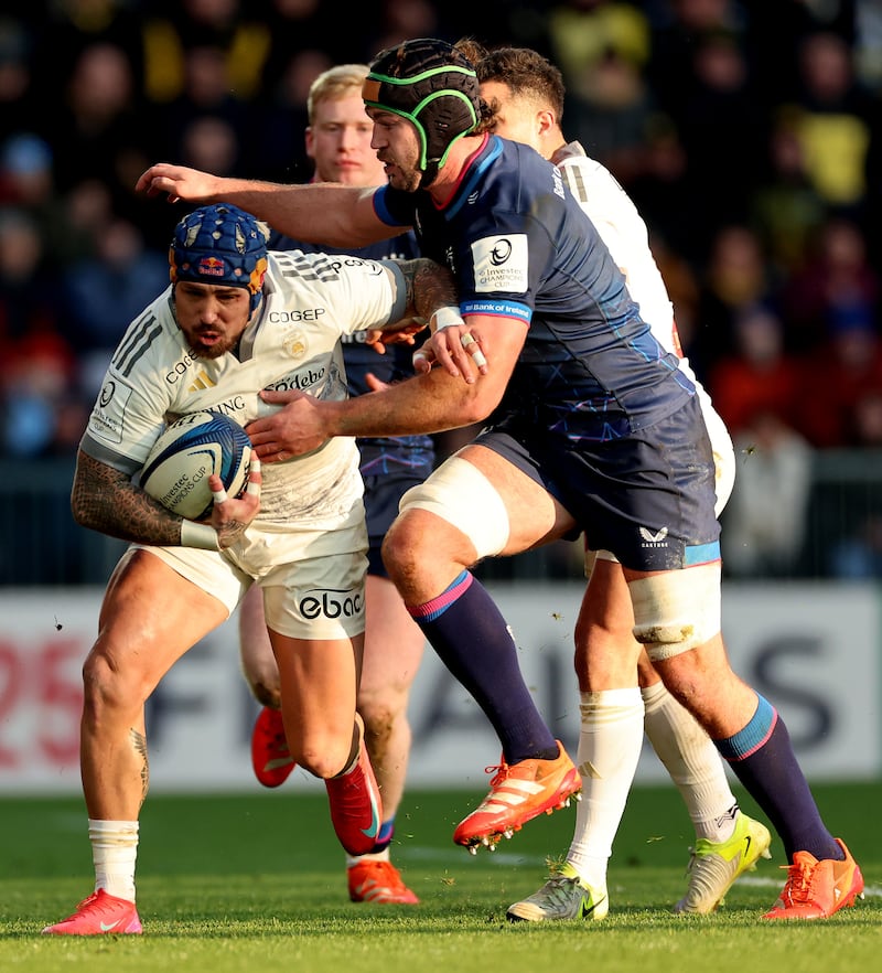 Jack Nowell and Caelan Doris battle. Photograph: James Crombie/Inpho