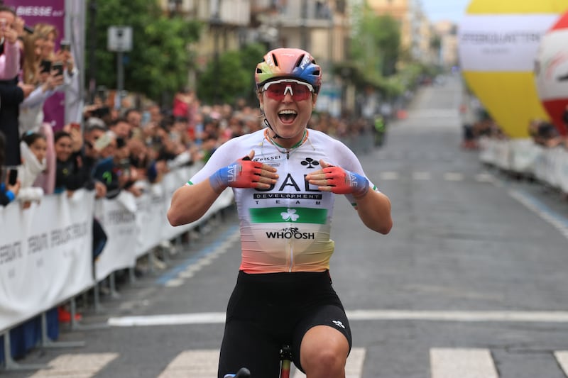 Lara Gillespie (UAE Development Team) wins stage two of the Giro Mediterraneo Rosa in Italy on April 20th, finishing more than three minutes clear of the next rider. She went on to take stage three and the overall victory. Photograph: Flaviano Ossola