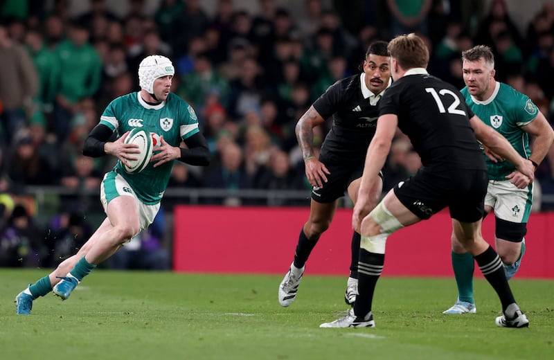 Not until late in the game against the All Blacks did Mack Hansen start kicking. Photograph: Dan Sheridan/Inpho