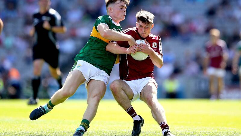 Kerry’s Dan McCarthy tackles Galway’s Cathal Sweeney. Photograph: Ryan Byrne/Inpho