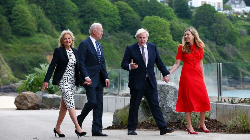 UK prime minister Boris Johnson and US president Joe Biden  with their wives,  Jill Biden and Carrie Johnson,  during their bilateral meeting in Carbis Bay, Cornwall. Photographer: Hollie Adams/Bloomberg