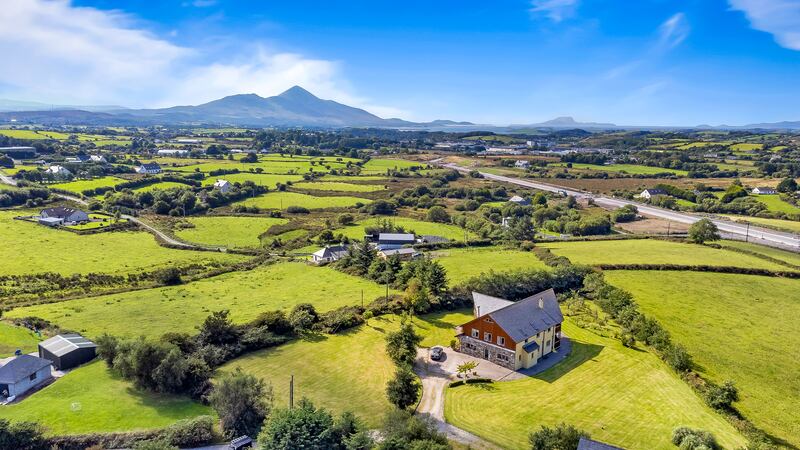 Aerial view with Croagh Patrick and Clew Bay in the background