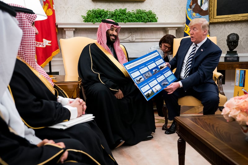 US president Donald Trump and Crown Prince Mohammed bin Salman of Saudi Arabia discuss weapons sales in the White House in 2018. Photograph: Doug Mills/The New York Times