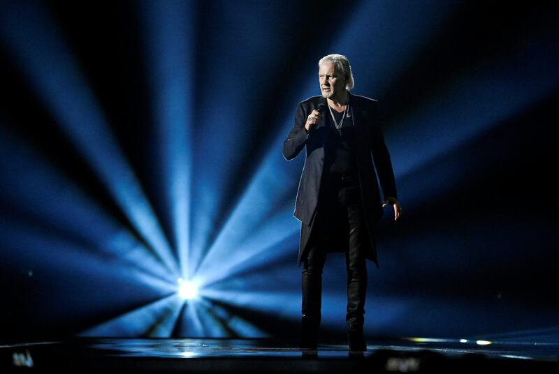 Johnny Logan sings Euphoria, a Eurovision-winning song by Swedish singer Loreen, as he rehearses for his interval act tonight. Photograph: Jessica Gow/AFP via Getty