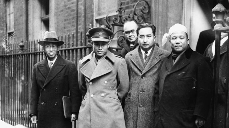 General Aung San (second left), father of Aung San Suu Kyi and founder of the Tatmadaw, as Myanmar’s military is known, with a Burmese delegation at  10 Downing Street, London,  in January  1947. Photograph: Keystone/Hulton Archive/Getty Images