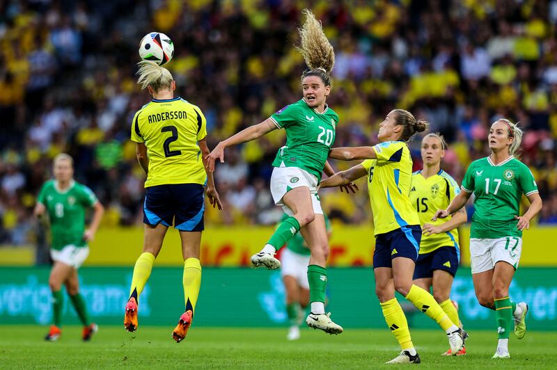 Ireland's Leanne Kiernan in action against Sweden's Jonna Andersson. Photograph: Ryan Byrne/Inpho