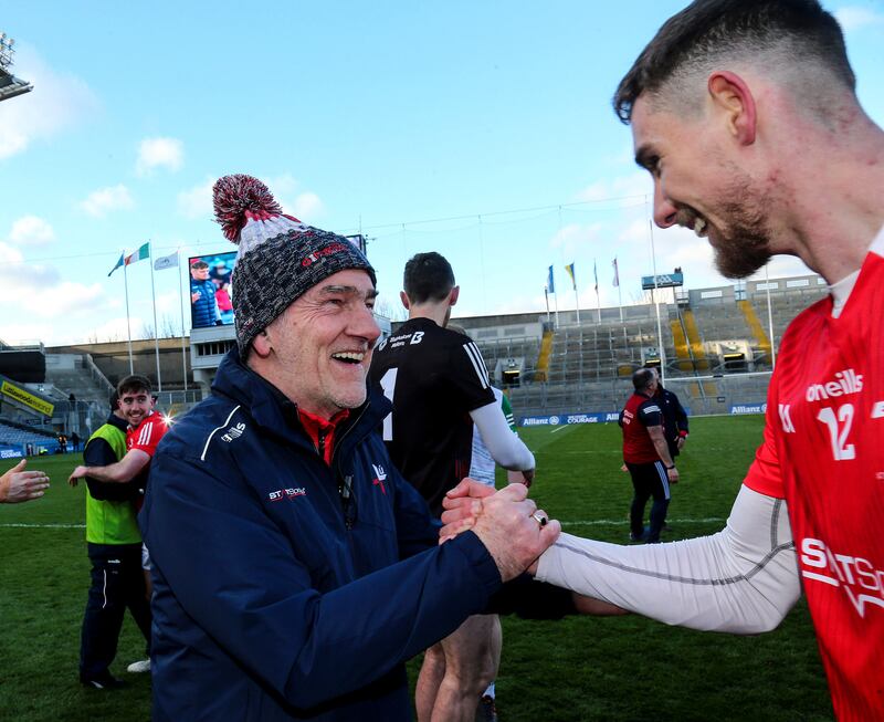 Louth's then manager Mickey Harte celebrates with Ciaran Downey after a win over Limerick in 2022. Photograph: Lorraine O’Sullivan/Inpho