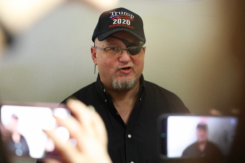 Stewart Rhodes, the founder of the Oath Keepers militia, speaks to reporters in Washington, DC, on Wednesday following the commutation of his prison sentence by Donald Trump. Photograph: Kayla Bartkowski/Getty Images