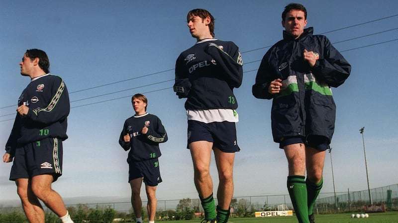 Alan McLoughlin (right) at a Republic of Ireland training session in 1999 with Stephen Carr,   David Connolly and Rory Delap. Photograph: Andrew Paton/Inpho