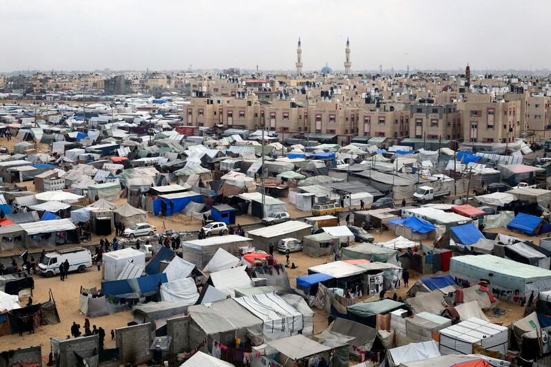 A tent camp housing Palestinians displaced by the Israeli offensive in Rafah, Gaza Strip. Photograph: Hatem Ali/AP