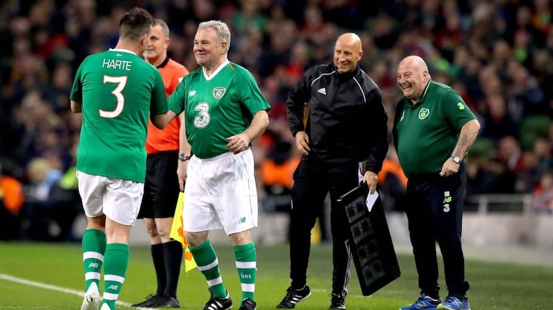 Ian Harte is replaced by Ray Houghton at the Aviva Stadium. Photograph: Ryan Byrne/Inpho