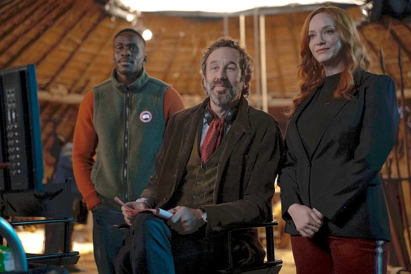 Patrick Martins, Chris O’Dowd and Christina Hendricks in Small Town, Big Story. Photograph: Sky
