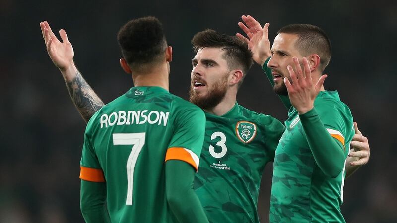 Callum Robinson, Ryan Manning and Conor Hourihane dismayed by a disallowed goal at the Aviva Stadium. It wouldn’t be the last time. Photograph:  Oisín Keniry/Getty Images