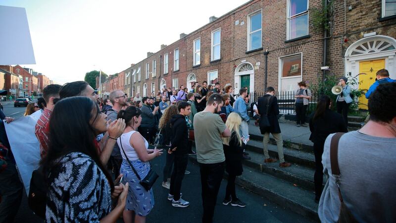 Supporters outside 35, Summerhill Parade in Dublin 1 on Tuesday night. Photograph: Nick Bradshaw