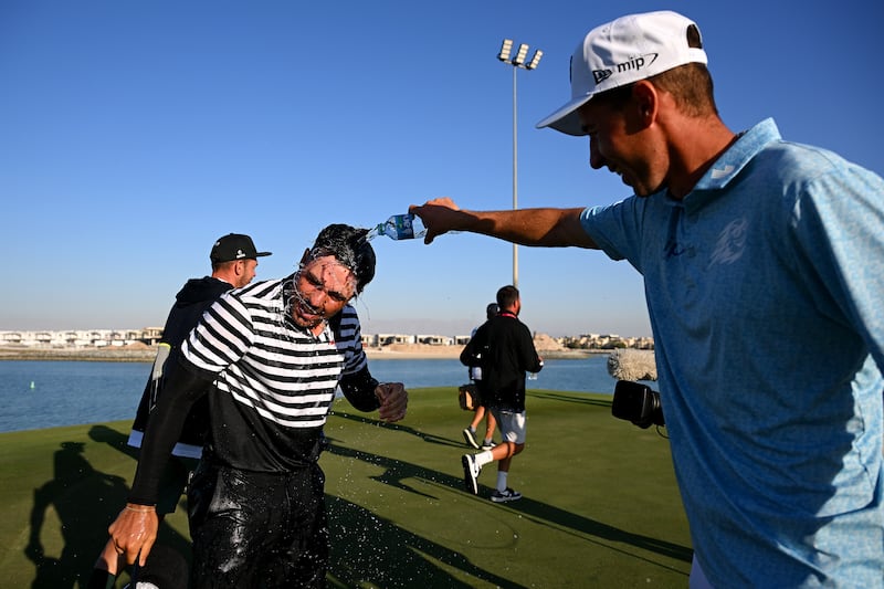 Alejandro del Rey of Spain celebrates his victory at the Ras Al Khaimah Championship at Al Hamra Golf Club. Photograph: Ross Kinnaird/Getty Images