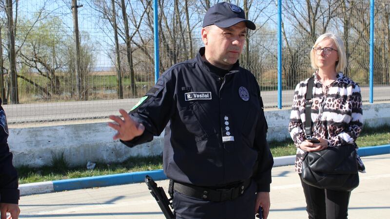 Moldovan border police chief Rosian Vasiloi (head of the general inspectorate of border police) at the Moldova-Ukraine border at Palanca with Fine Gael Senator Regina Doherty. Photograph: Simon Carswell