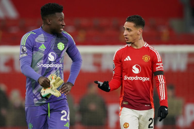 Manchester United goalkeeper Andre Onana speaks with Victor Lindelof after the game. Photograph: Ian Hodgson/AFP via Getty Images