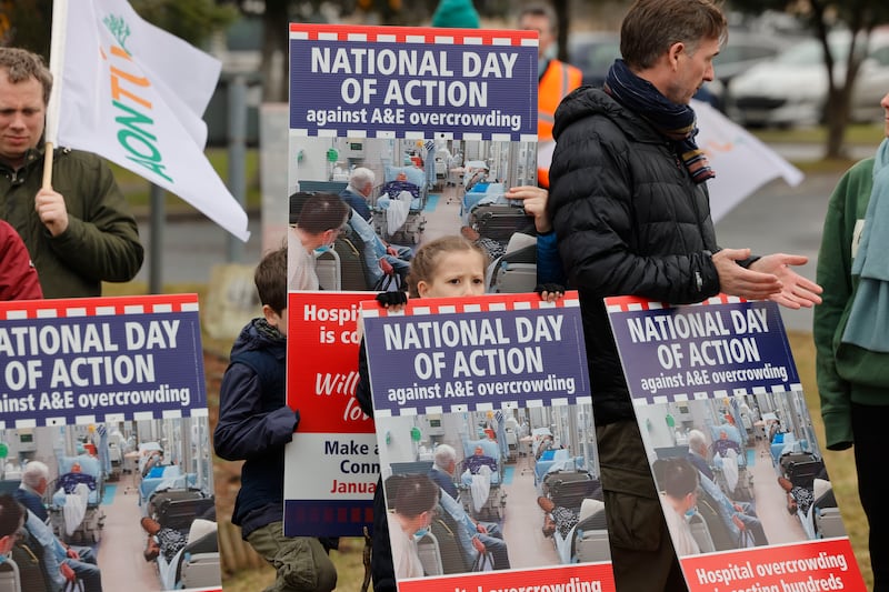 Protestors outside Connolly Hospital, Blanchardstown, Dublin. Photograph: Alan Betson
