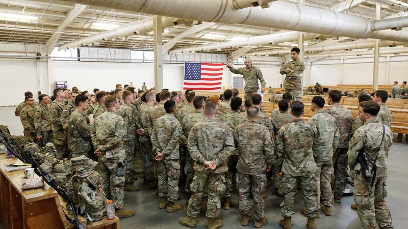 US army paratroopers prepare for departure for the Middle East from Fort Bragg, North Carolina on Saturday. Photograph: Jonathan Drake/Reuters