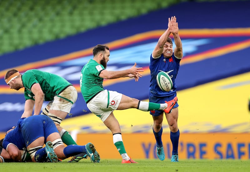 Jamison Gibson Park in action agains Antoine Dupont: his kicking game is now a crucial part of Ireland's tactical game plan. Photograph: James Crombie/Inpho