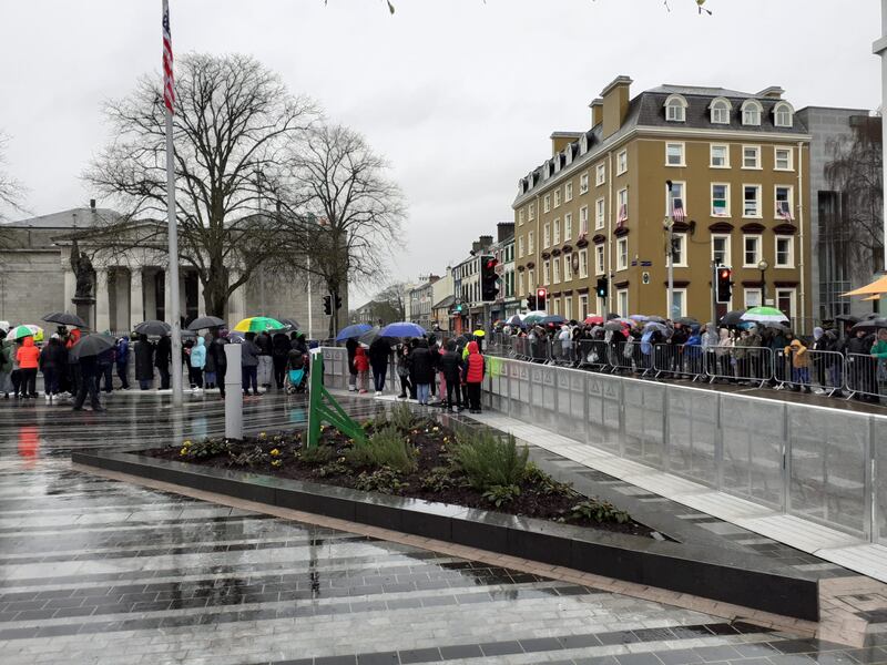 People line Joe Biden's expected route through Market Square in Dundalk.  Photograph: Conor Capplis