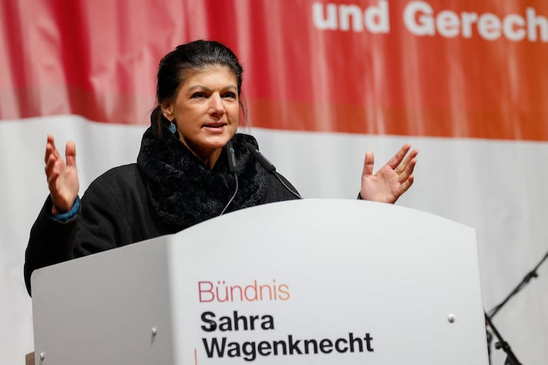 BSW alliance leader Sahra Wagenknecht speaks during a rally at the launch of the party's election campaign in Munich on Monday. Photograph: Michaela Stache/AFP via Getty Images       