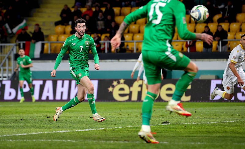 Ireland’s Finn Azaz is assisted by Troy Parrott to score a goal against Bulgaria. Photograph: Ryan Byrne/Inpho