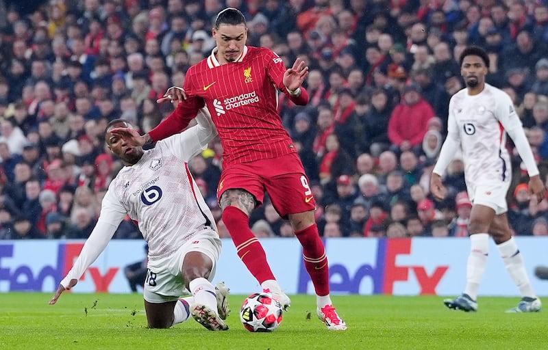 Liverpool's Darwin Nunez is tackled by Lille's Bafode Diakite. Photograph: Peter Byrne/PA