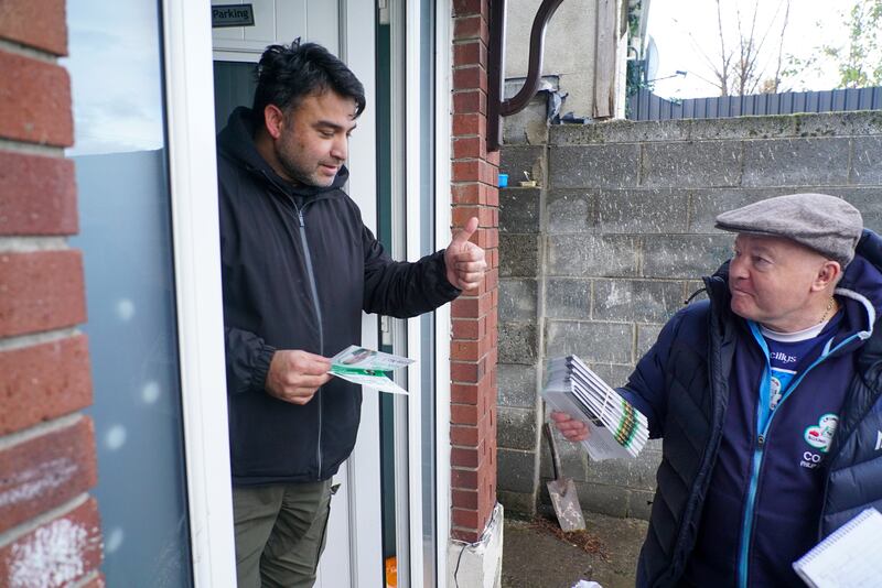 Furqan Ulhaq talks to Philip Sutcliffe in Crumlin, which is in Dublin South-Central constituency. Photograph: Enda O'Dowd