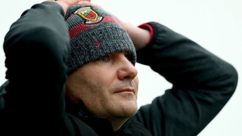 James Horan reacts to a late Leitrim equaliser on his first games back as Mayo boss. Photograph: James Crombie/Inpho