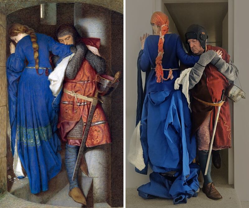 Pandemic portraits: Frederic William Burton’s Hellelil and Hildebrand, the Meeting on the Turret Stairs, plus Molly O’Cathain’s restaging, featuring her parents, Liz Nilsson and Brian Ó Catháin. Photographs courtesy of National Gallery of Ireland and Molly O’Cathain